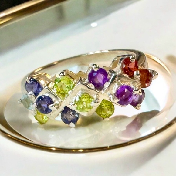 Tanzanite|Topaz|Peridot|Amethyst|Garnet Sterling Silver Cluster Ring - Picture 2 of 8